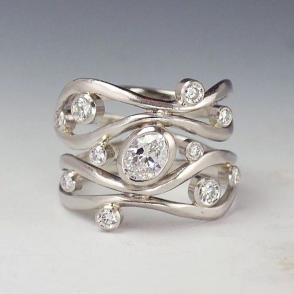 Multi Layer Stackable Wave Water Drop White Oval Zircon Rings for Women, PD225 - Picture 5 of 5